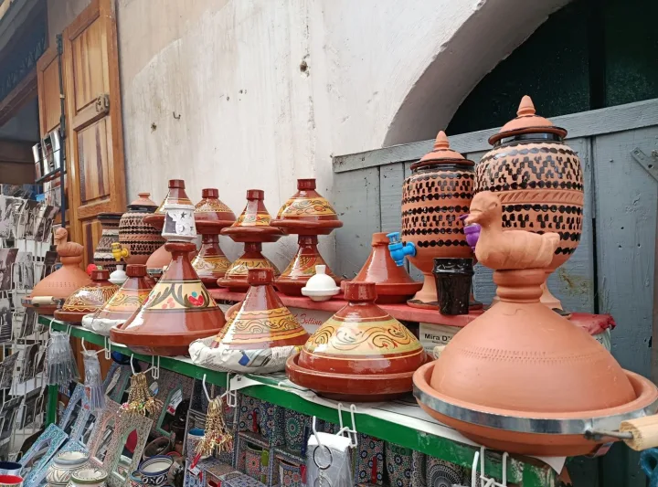 Traditional Moroccan pottery displayed in the Fes medina