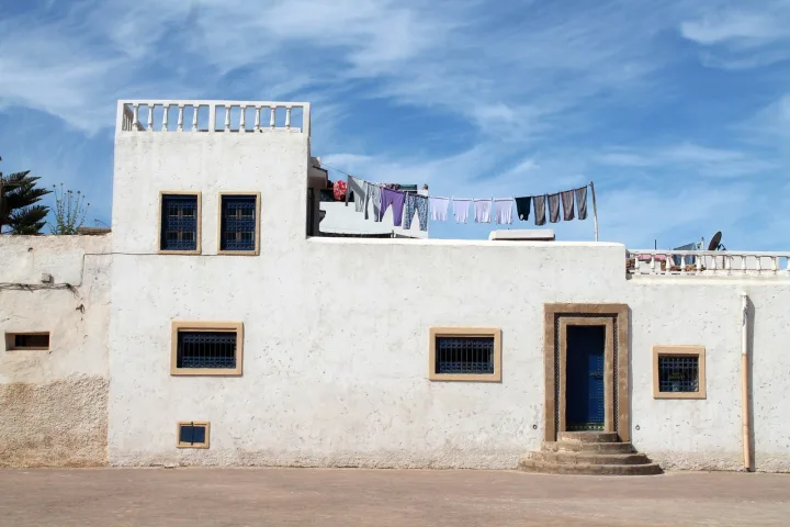 Traditional white buildings and a lane in Rabat