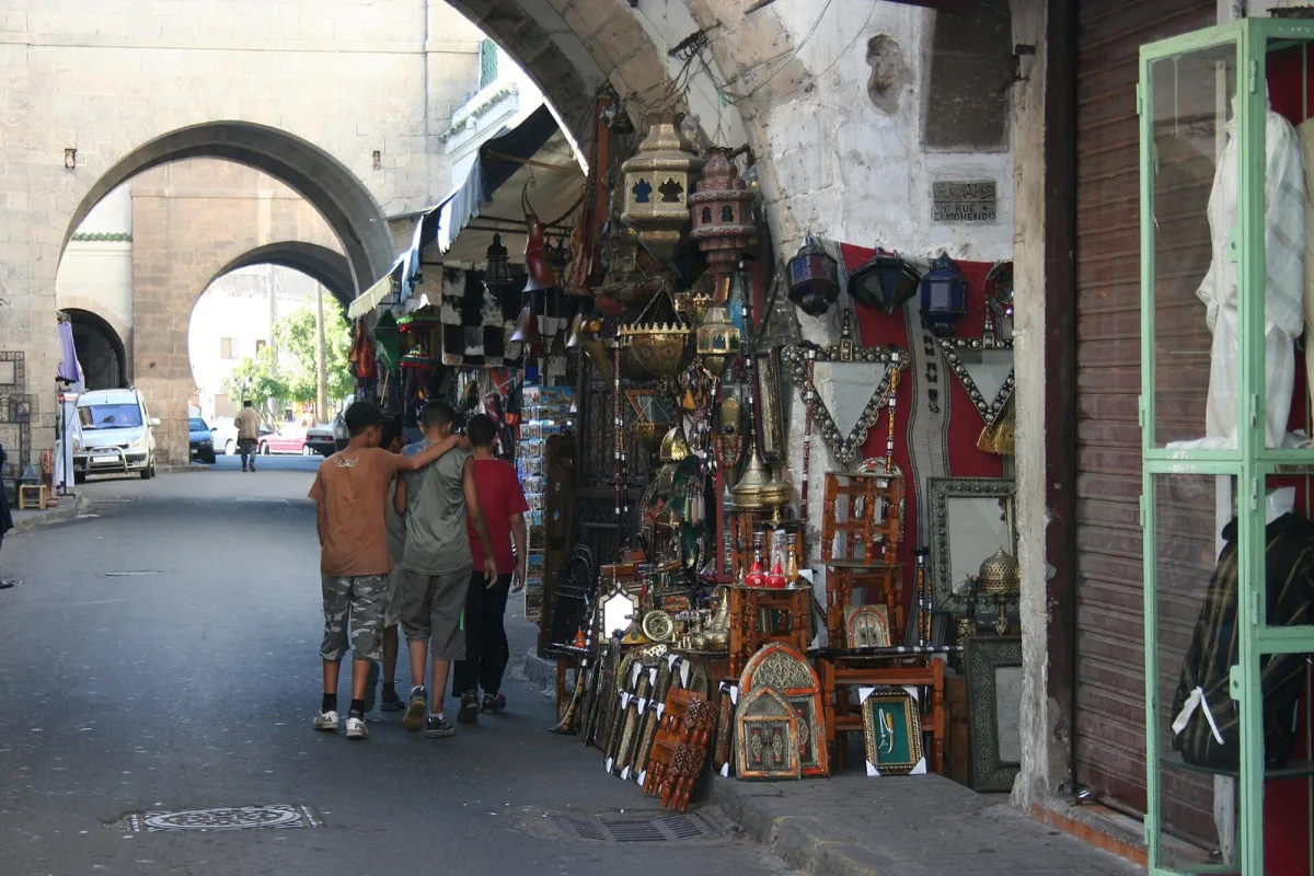 Craft displays beneath the Habous arcades, Casablanca
