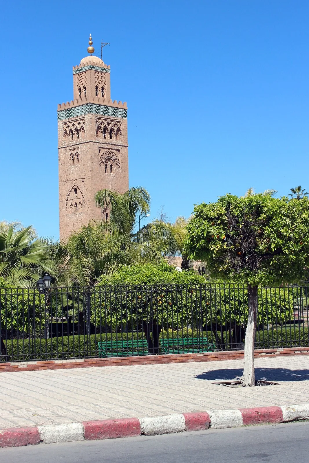 Koutoubia exterior and palm-lined paths, Marrakech