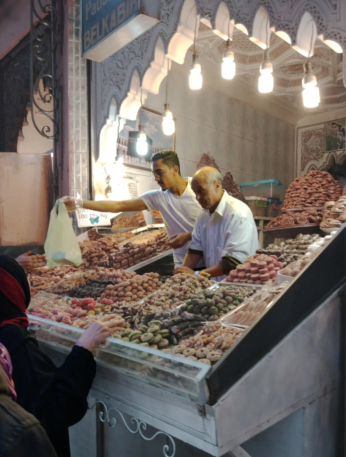 Moroccan pastry display in Souk Semmarine, Marrakech