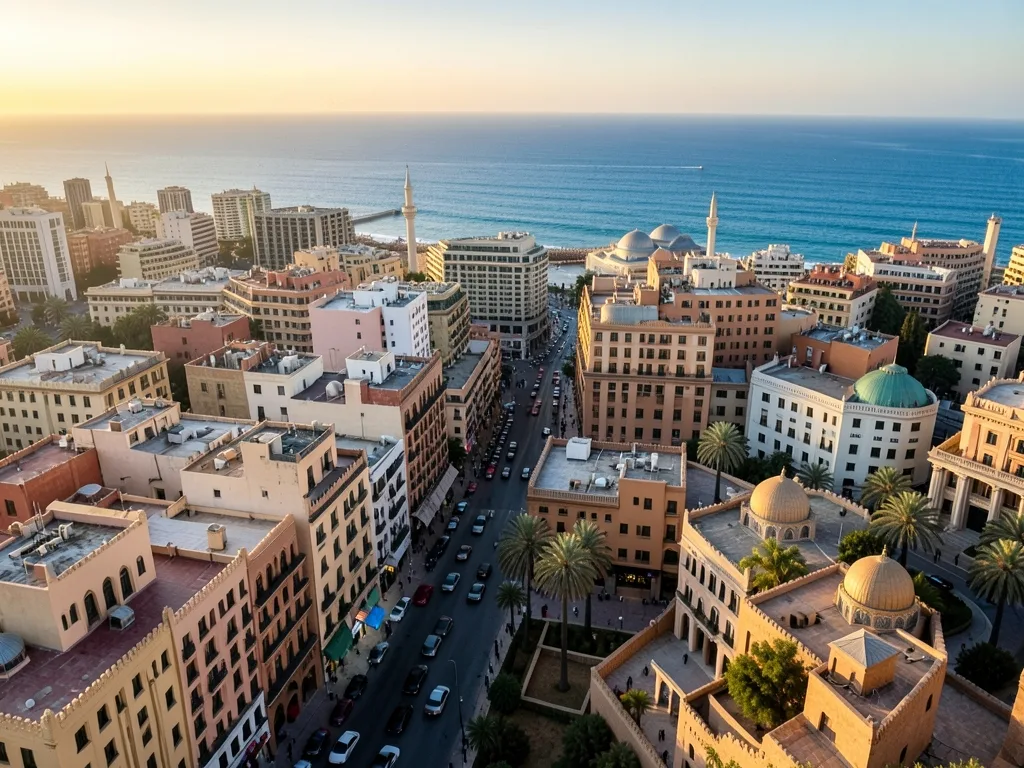 Stylized Casablanca architecture and Atlantic cityscape