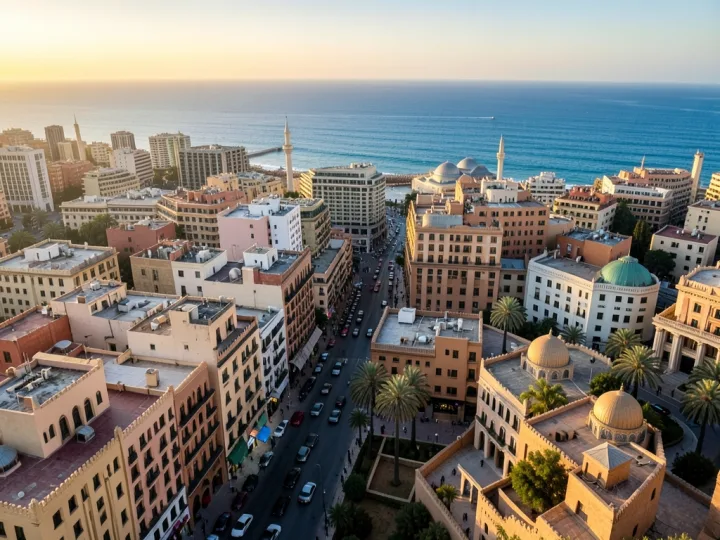 Stylized Casablanca architecture and Atlantic cityscape